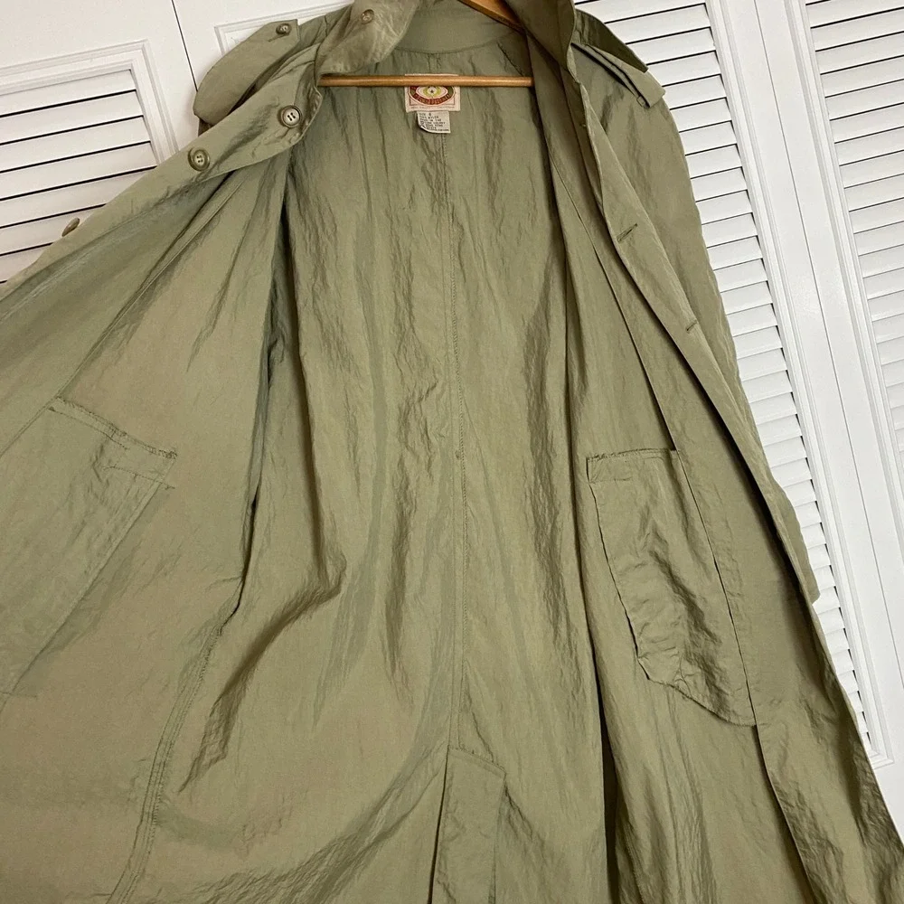 VTG Banana Republic Nylon Trench Coat Mens S Olive Green Duster Epaulets Long